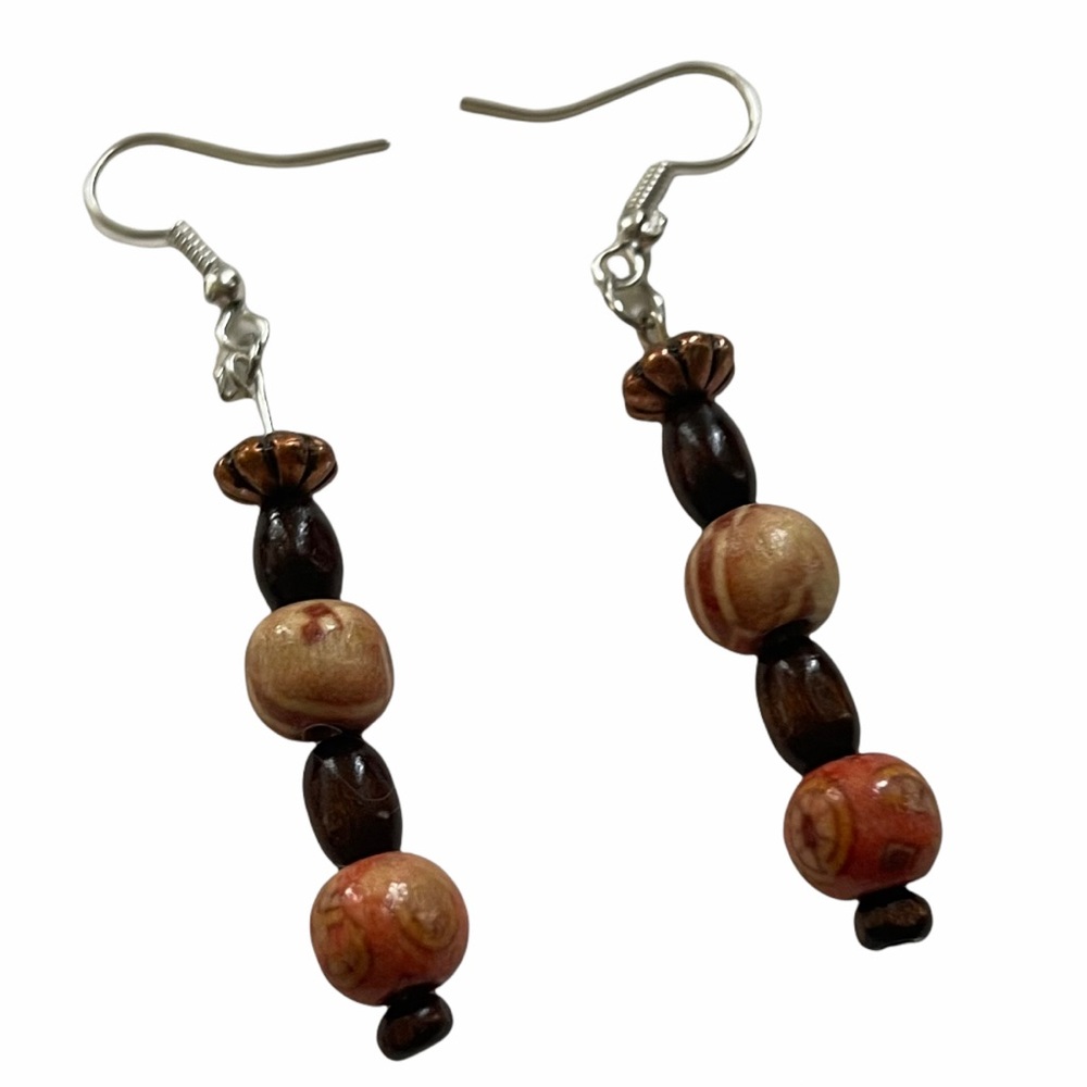 New Handmade Sterling Silver Petrified Wood Orange Brown Wooden Dangle Earrings - Picture 9 of 11
